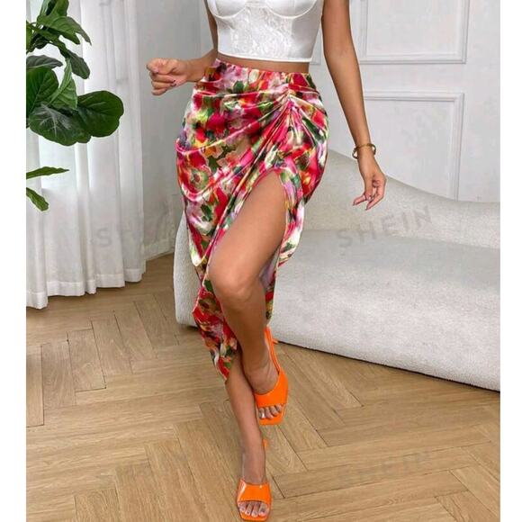 Shein Multicolor Vibrant Tropical Floral Long Skirt Rouched Sides Large - Picture 2 of 5